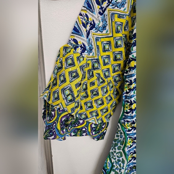 Tolani Collection Kimono Topper Blue Yellow Boho Ruffle Bell Sleeve Size Small - Picture 8 of 13